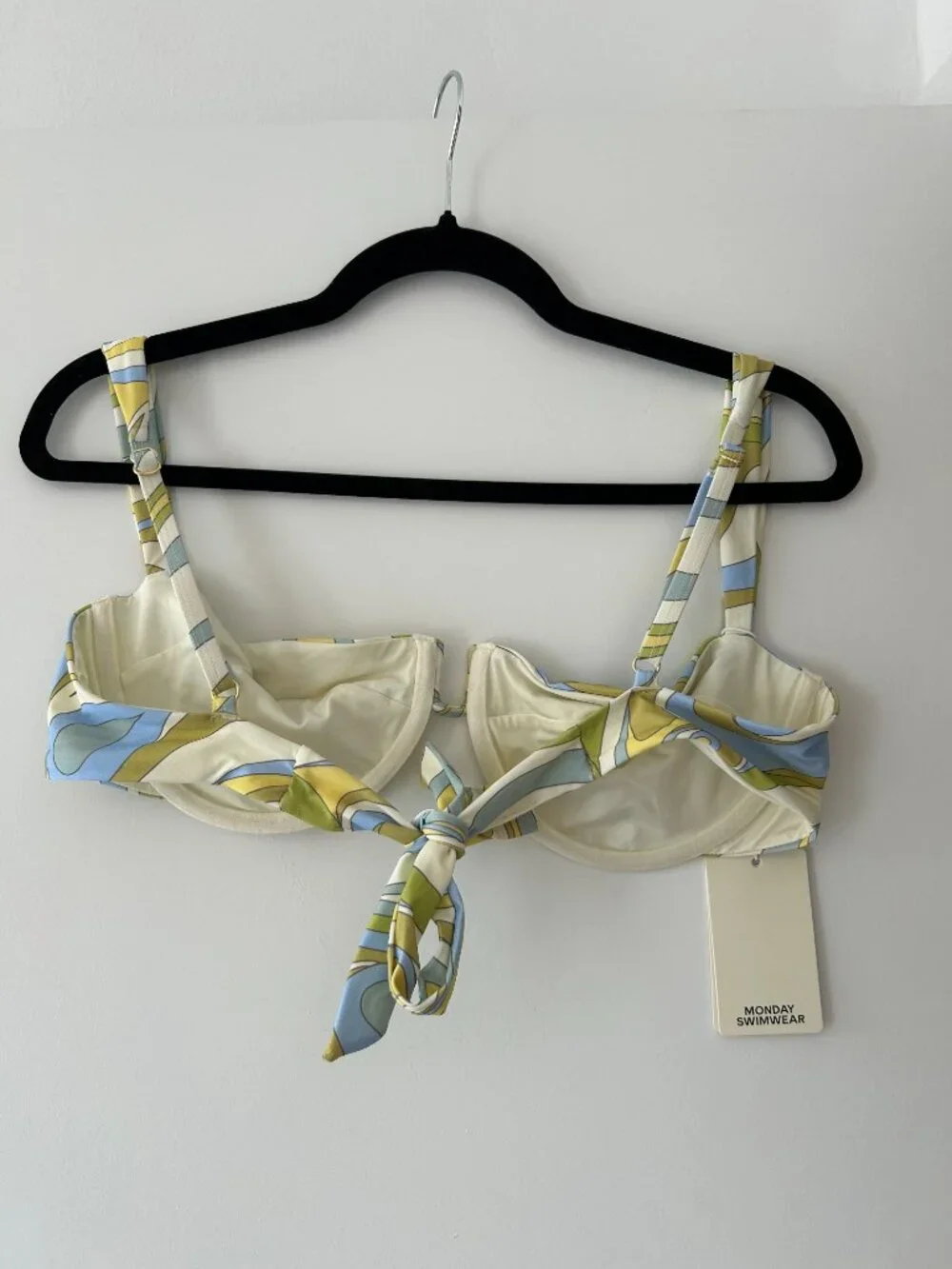 NWT Monday Swimwear Underwire Bikini Top Blue Yellow Green Swirl Print